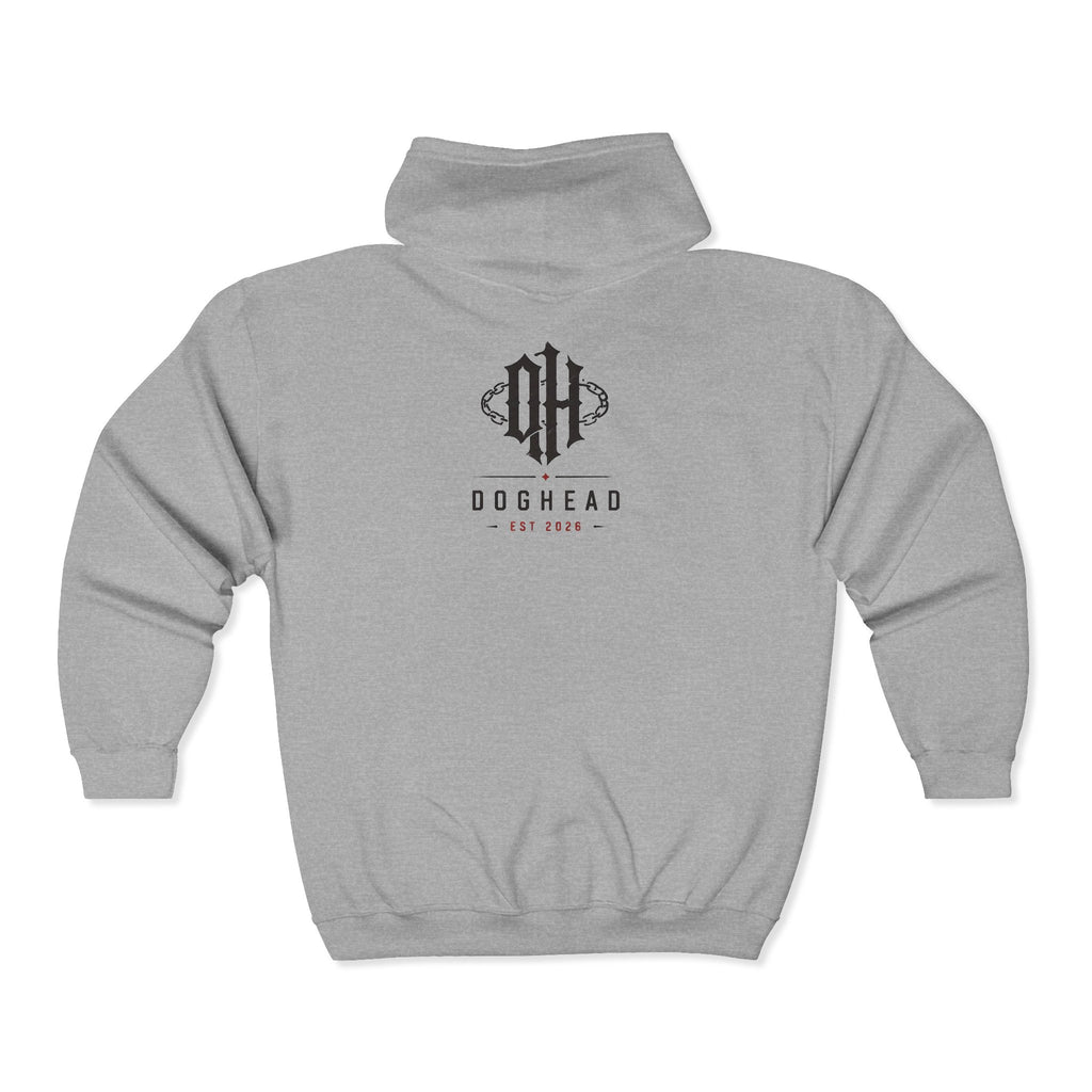Doghead Gear Zip Hoodie — Small Monogram Front, Large Back Logo