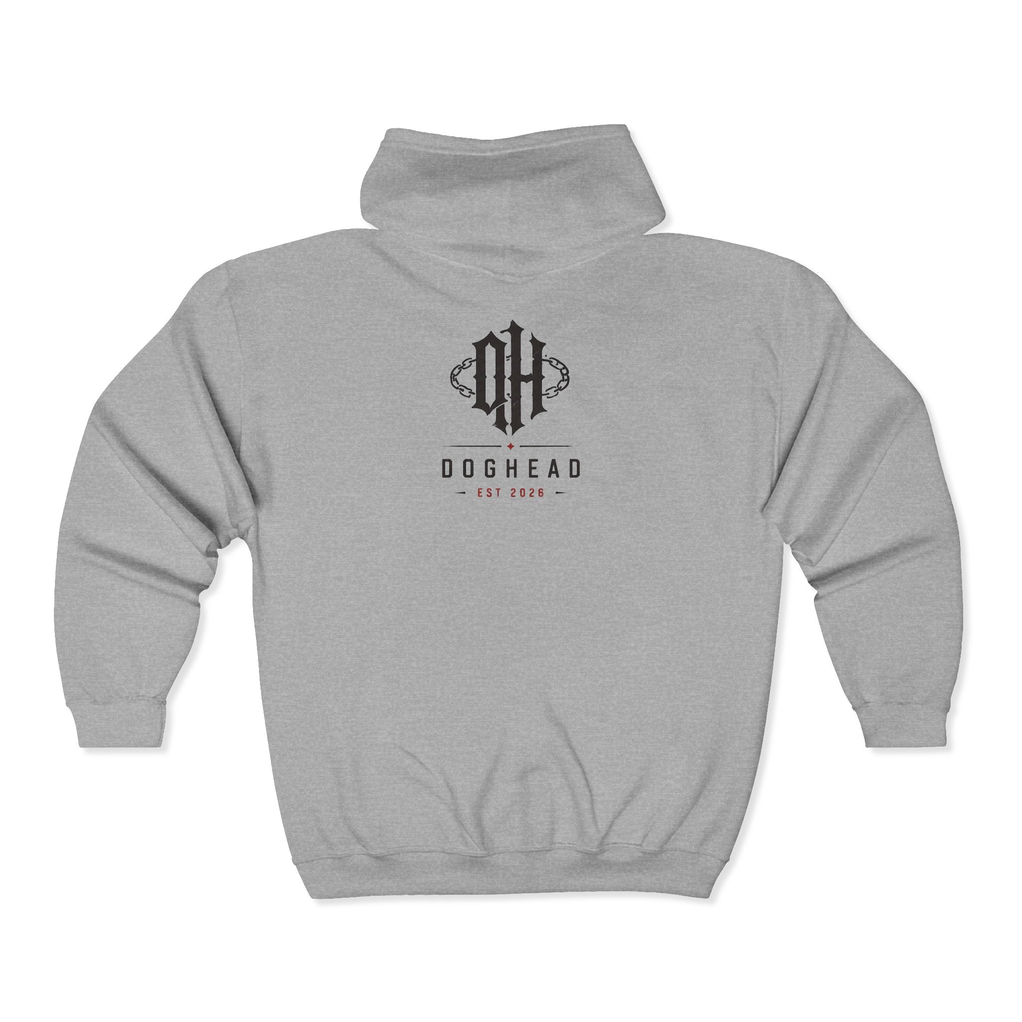 Doghead Gear Zip Hoodie — Small Monogram Front, Large Back Logo